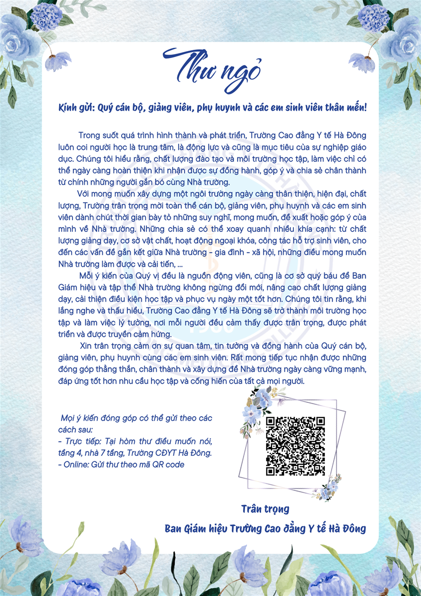 Thư ngỏ từ Ban Giám hiệu Trường Cao đẳng Y tế Hà Đông về Thư ngỏ từ Ban Giám hiệu Trường Cao đẳng Y tế Hà Đông về